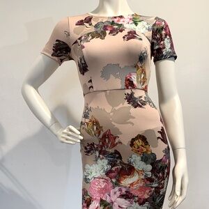 ASOS Bodycon Scuba Cream Floral Midi Dress Crew Neck Short Sleeves Size 4